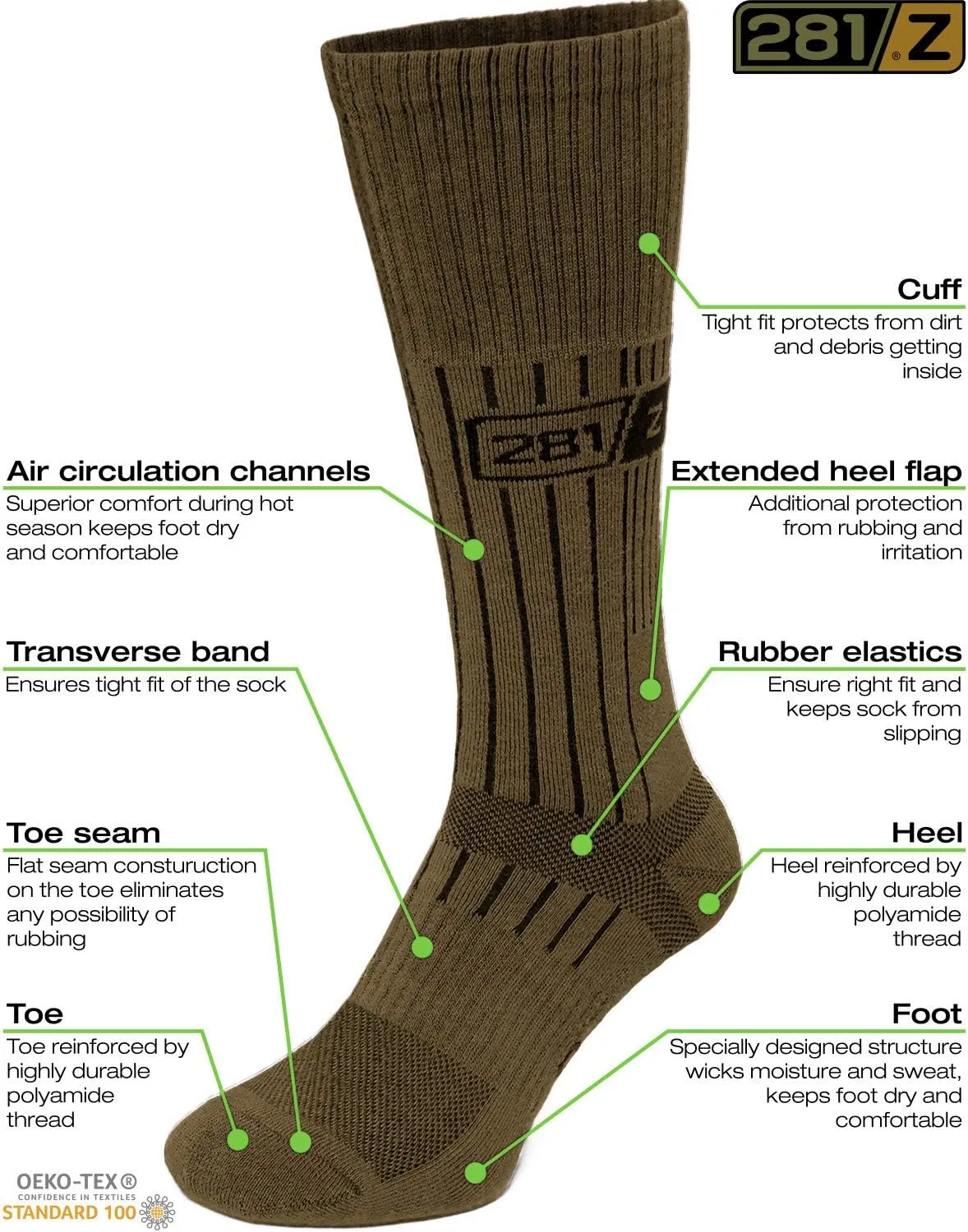 281Z Military Demi Season Breathable Mid Calf Uniform Boot Socks - Army Tactical Trekking Hiking - Outdoor Fishing Hunting