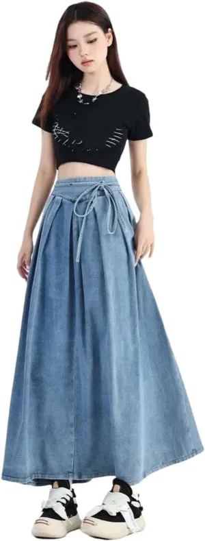 Adhdyuud Women High Waist Pleated Denim Maxi Skirt Casual A-Line Skirt with Belt Streetwear Fashion