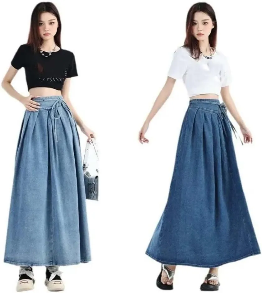 Adhdyuud Women High Waist Pleated Denim Maxi Skirt Casual A-Line Skirt with Belt Streetwear Fashion