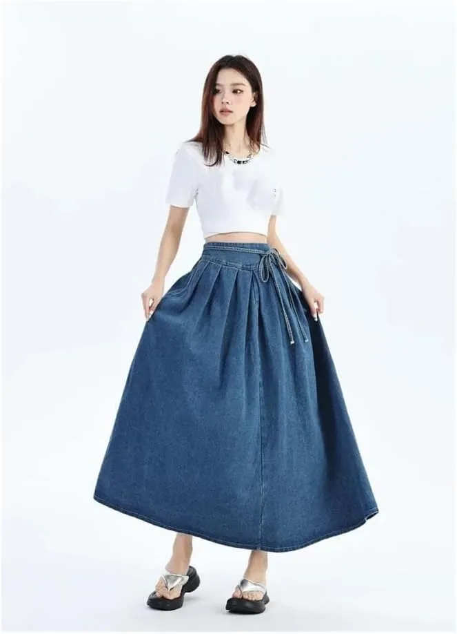 Adhdyuud Women High Waist Pleated Denim Maxi Skirt Casual A-Line Skirt with Belt Streetwear Fashion