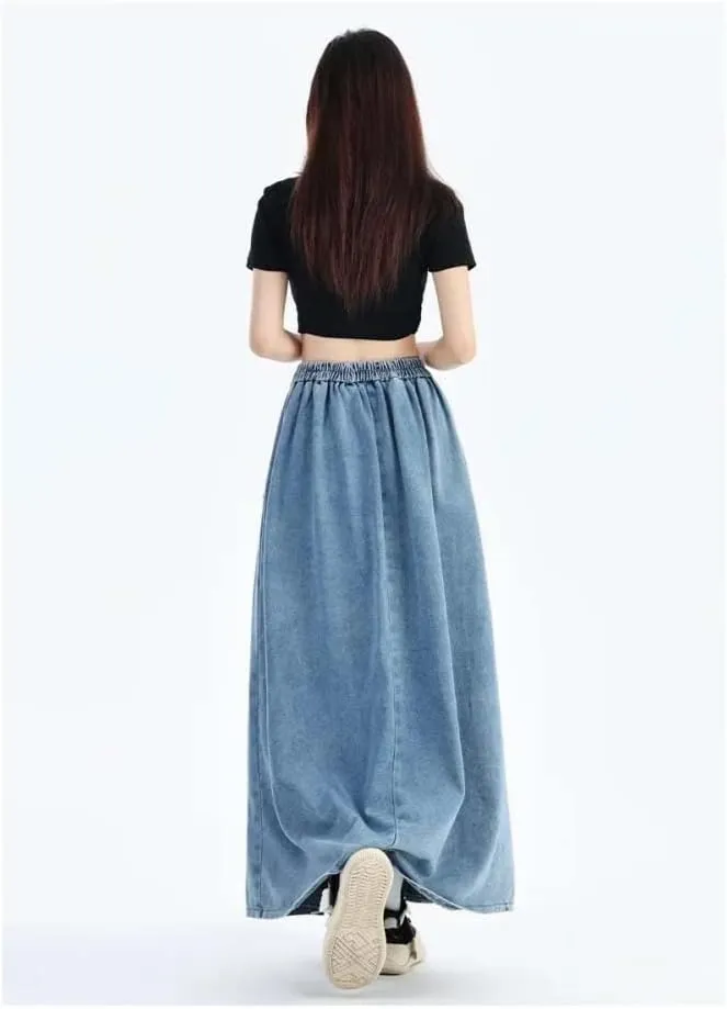 Adhdyuud Women High Waist Pleated Denim Maxi Skirt Casual A-Line Skirt with Belt Streetwear Fashion