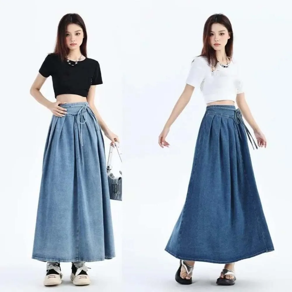 Adhdyuud Women High Waist Pleated Denim Maxi Skirt Casual A-Line Skirt with Belt Streetwear Fashion