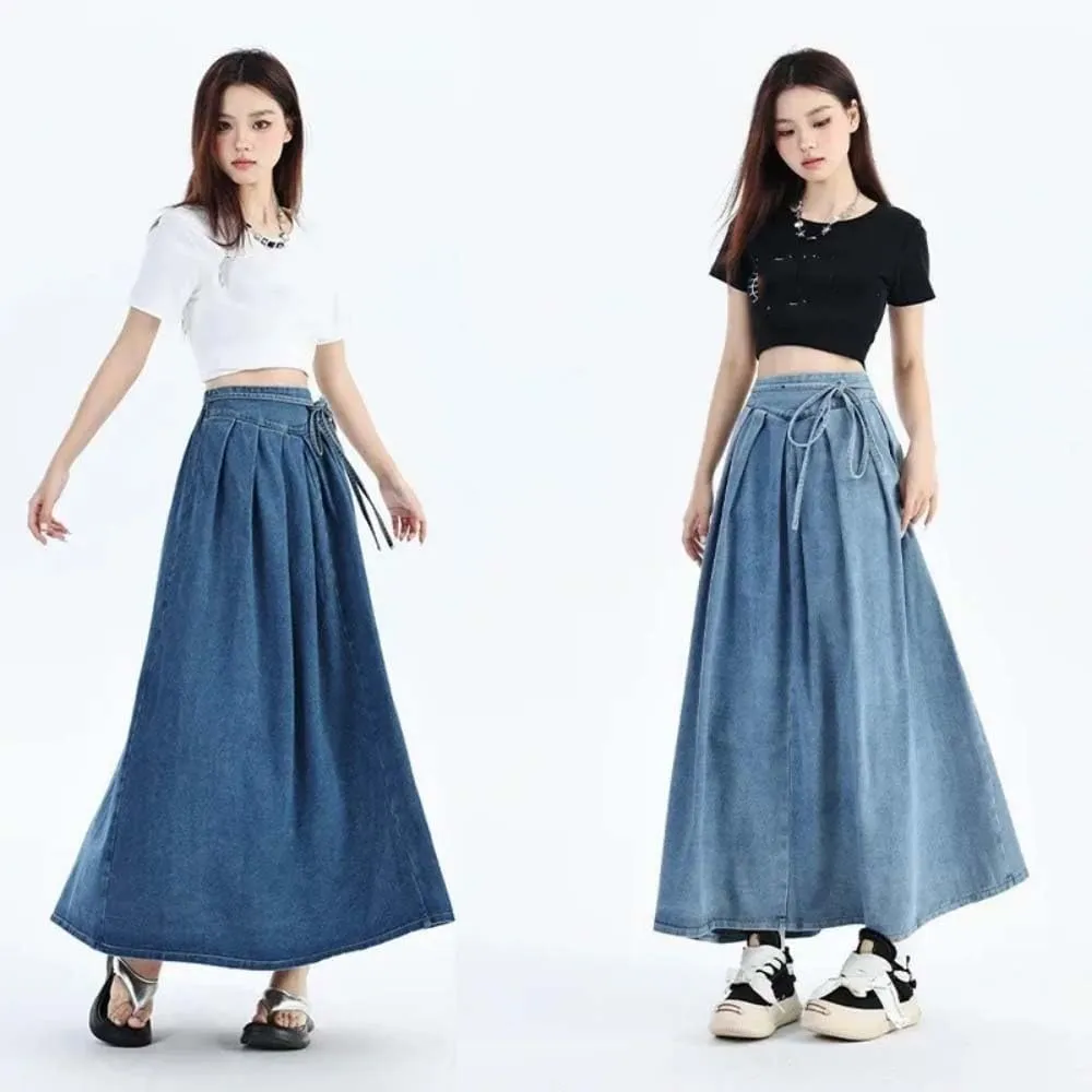 Adhdyuud Women High Waist Pleated Denim Maxi Skirt Casual A-Line Skirt with Belt Streetwear Fashion