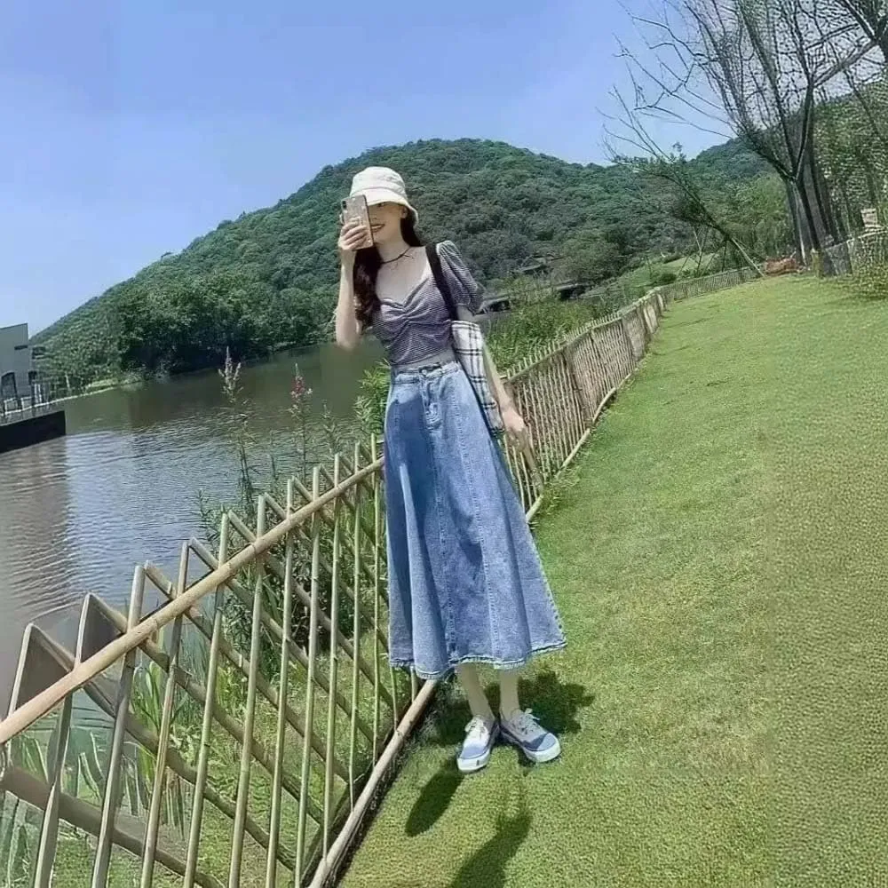 Adhdyuud Women High Waist Solid Flared Denim Skirt Casual A-Line Elegant Long Maxi Skirt