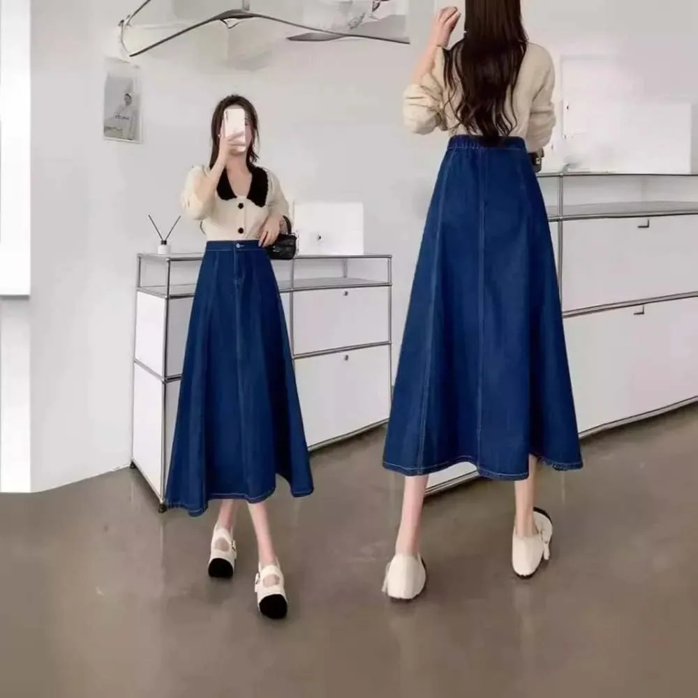 Adhdyuud Women High Waist Solid Flared Denim Skirt Casual A-Line Elegant Long Maxi Skirt