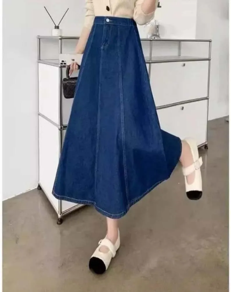 Adhdyuud Women High Waist Solid Flared Denim Skirt Casual A-Line Elegant Long Maxi Skirt