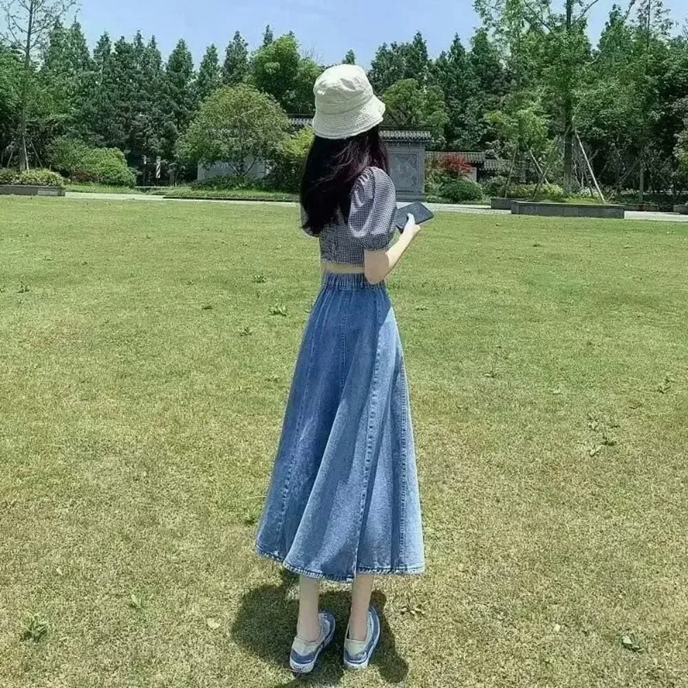 Adhdyuud Women High Waist Solid Flared Denim Skirt Casual A-Line Elegant Long Maxi Skirt
