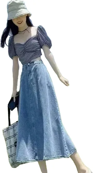 Adhdyuud Women High Waist Solid Flared Denim Skirt Casual A-Line Elegant Long Maxi Skirt