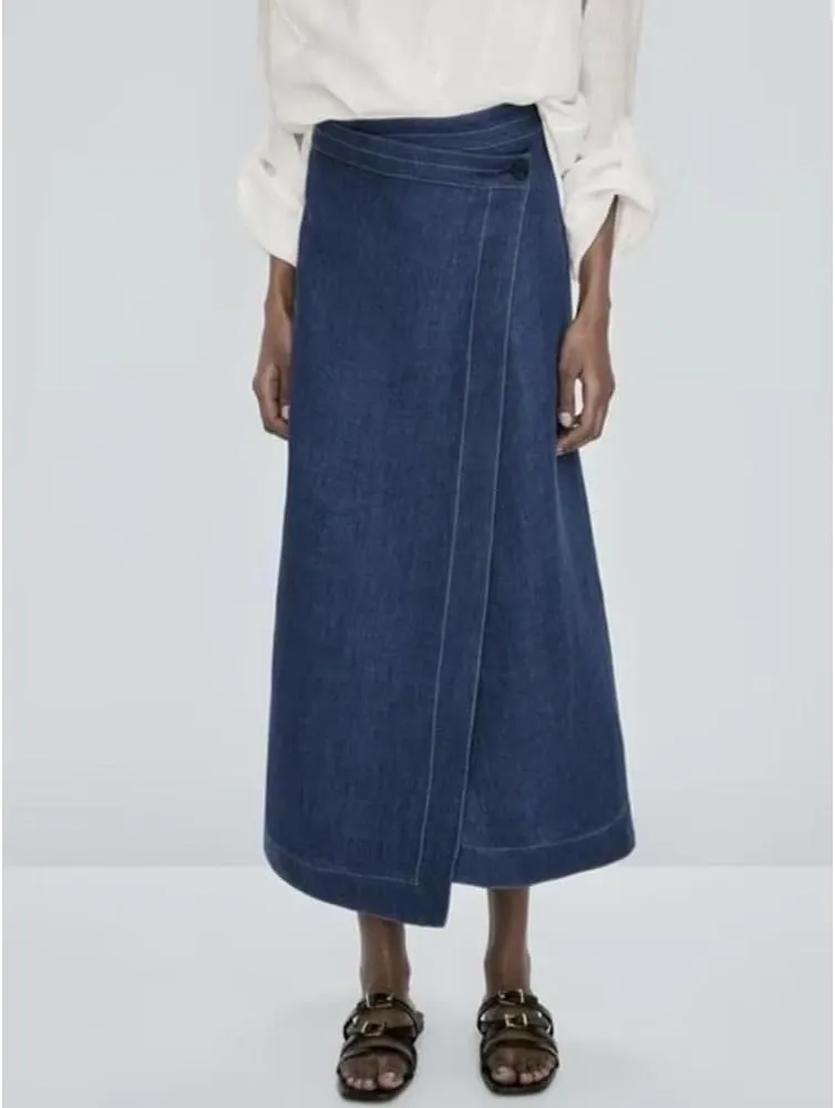 Adhdyuud Women High Waist Wrap A Line Denim Skirt Minimalist Button Long Skirt Elegant Loose Fit Casual