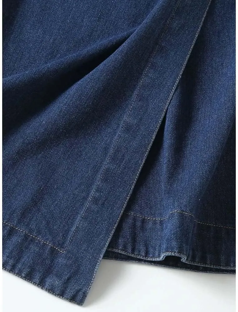 Adhdyuud Women High Waist Wrap A Line Denim Skirt Minimalist Button Long Skirt Elegant Loose Fit Casual
