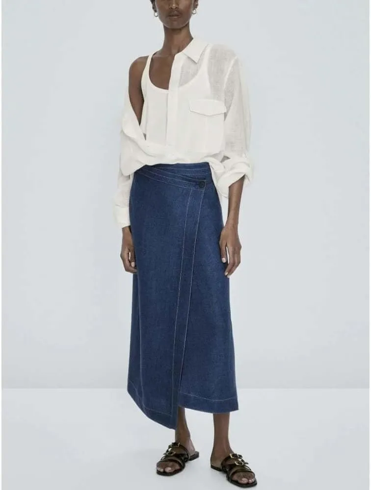 Adhdyuud Women High Waist Wrap A Line Denim Skirt Minimalist Button Long Skirt Elegant Loose Fit Casual
