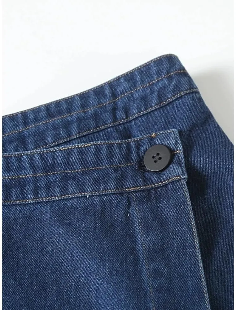 Adhdyuud Women High Waist Wrap A Line Denim Skirt Minimalist Button Long Skirt Elegant Loose Fit Casual