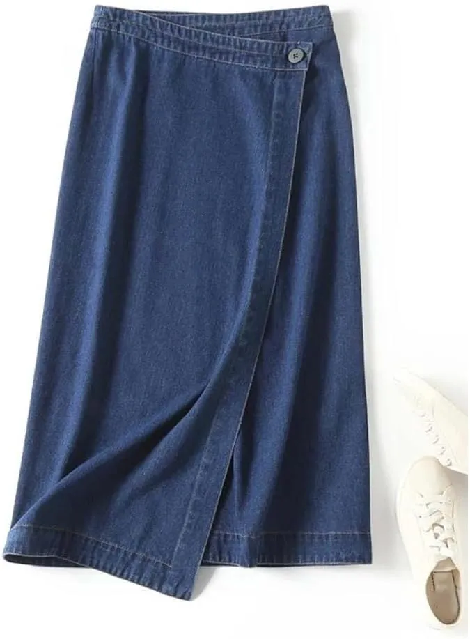 Adhdyuud Women High Waist Wrap A Line Denim Skirt Minimalist Button Long Skirt Elegant Loose Fit Casual
