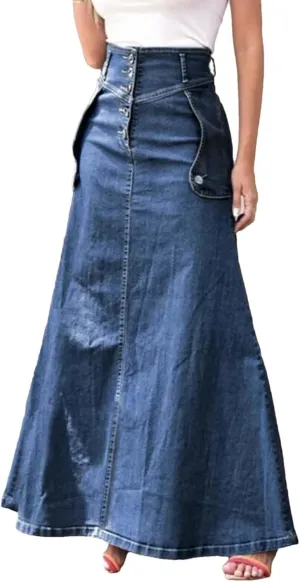 Adhdyuud Women Summer Casual A Line Denim Long Skirt Slim Fit High Waist Splice Pocket Button Solid Skirts