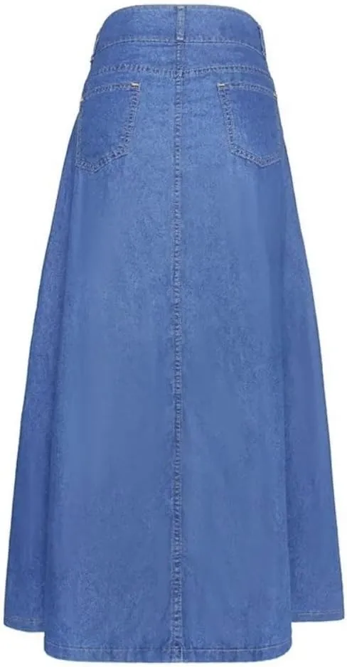 Adhdyuud Women Summer Casual A Line Denim Long Skirt Slim Fit High Waist Splice Pocket Button Solid Skirts