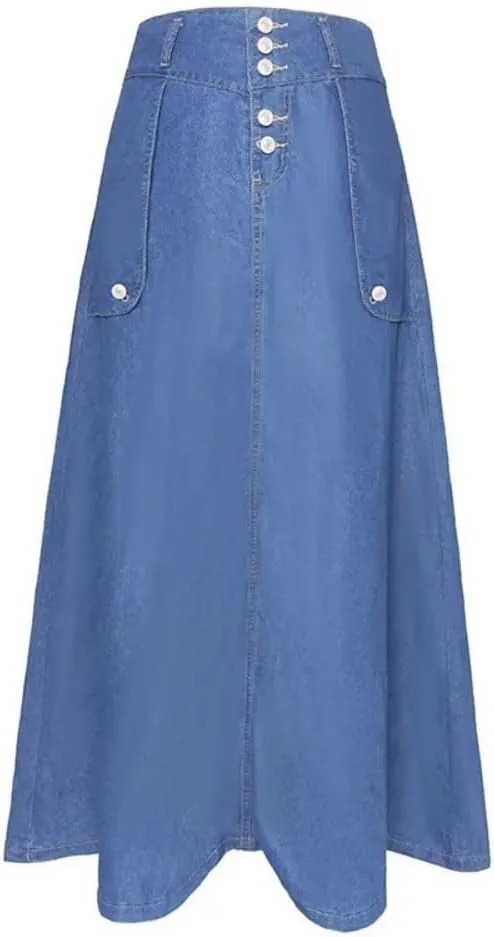 Adhdyuud Women Summer Casual A Line Denim Long Skirt Slim Fit High Waist Splice Pocket Button Solid Skirts