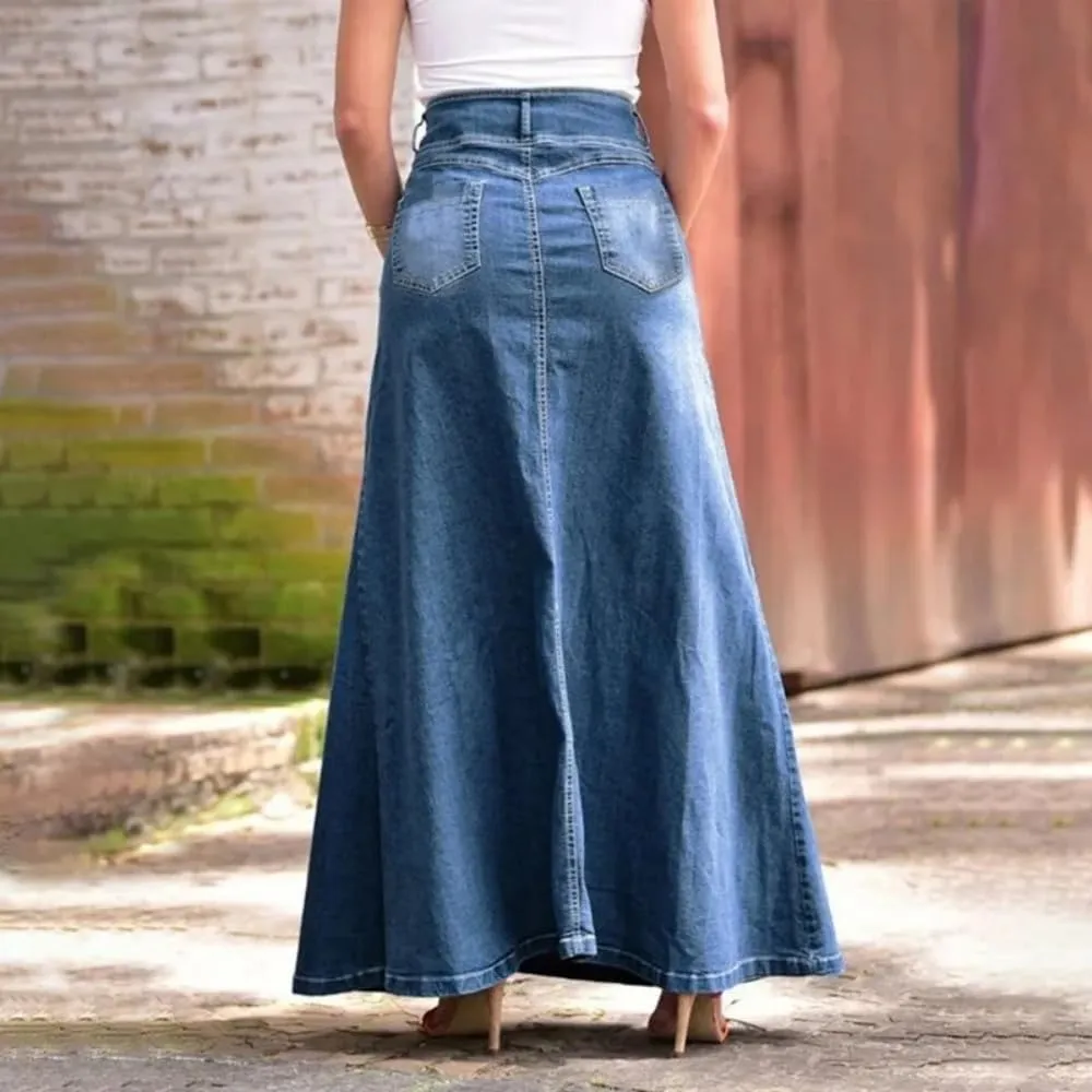 Adhdyuud Women Summer Casual A Line Denim Long Skirt Slim Fit High Waist Splice Pocket Button Solid Skirts