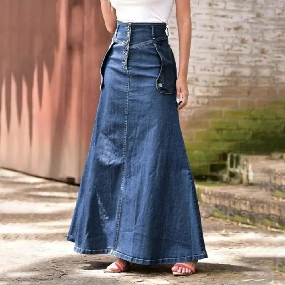 Adhdyuud Women Summer Casual A Line Denim Long Skirt Slim Fit High Waist Splice Pocket Button Solid Skirts