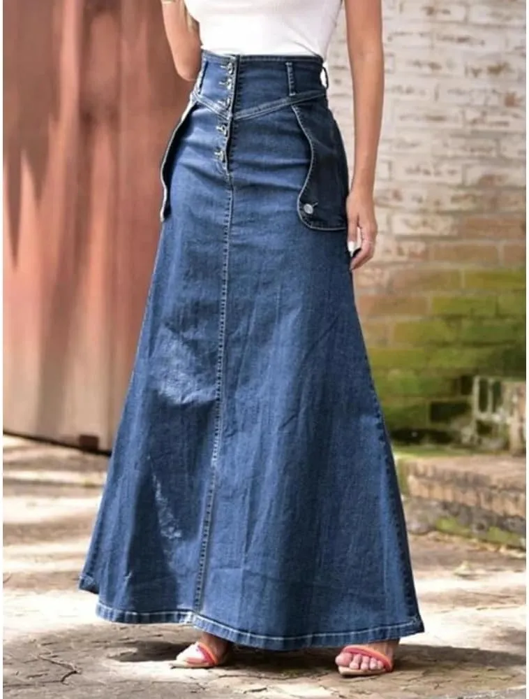 Adhdyuud Women Summer Casual A Line Denim Long Skirt Slim Fit High Waist Splice Pocket Button Solid Skirts