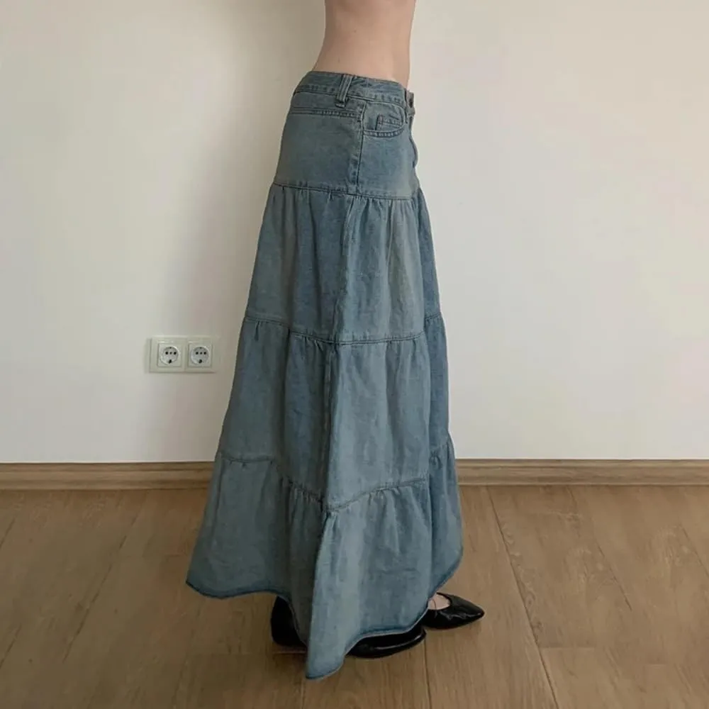 Adhdyuud Women Vintage Blue A-Line Jeans Skirt Casual Y2K Streetwear Denim Long Skirts