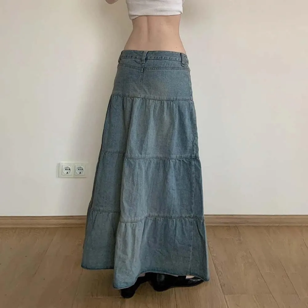 Adhdyuud Women Vintage Blue A-Line Jeans Skirt Casual Y2K Streetwear Denim Long Skirts