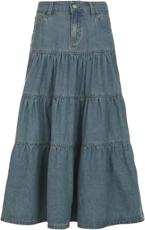 Adhdyuud Women Vintage Blue A-Line Jeans Skirt Casual Y2K Streetwear Denim Long Skirts