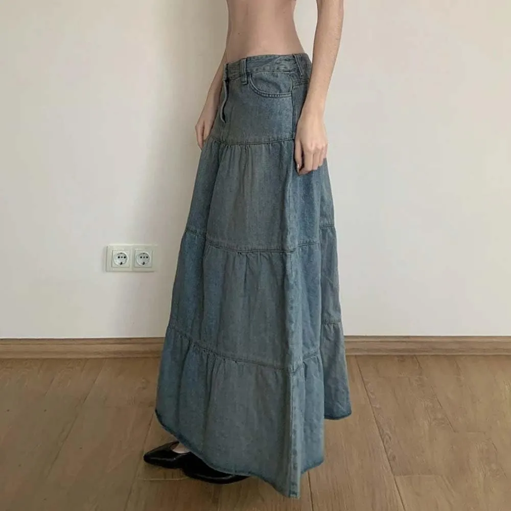 Adhdyuud Women Vintage Blue A-Line Jeans Skirt Casual Y2K Streetwear Denim Long Skirts
