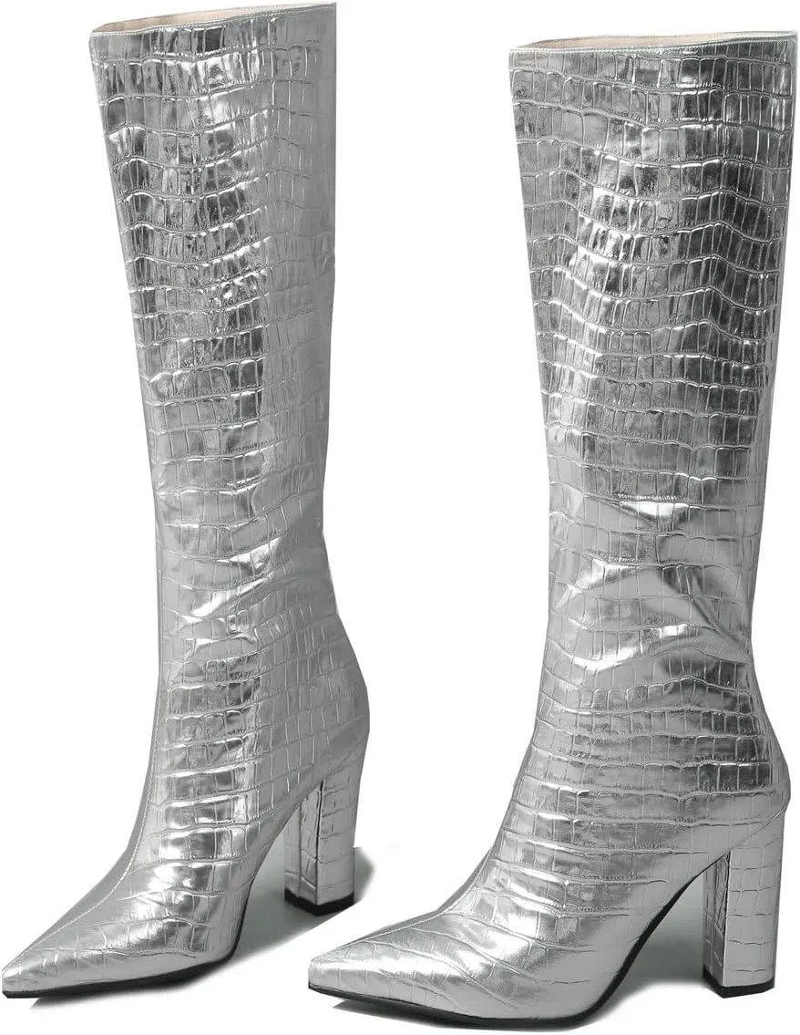 Alsoloveu Women's Knee High Boots Faux Crocodile Boots Metallic Wide Calf Pointed Toe Block Heel Go Go Boots Pull On