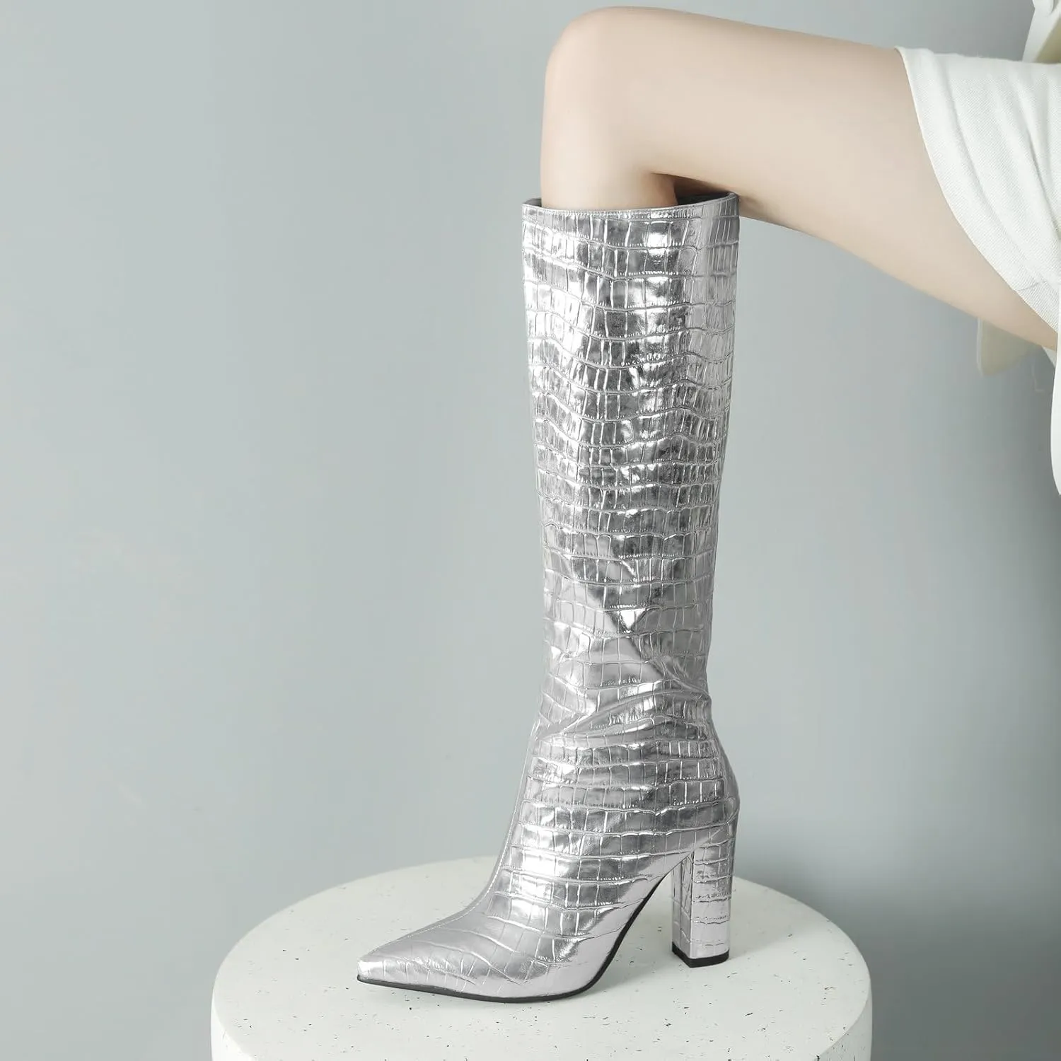 Alsoloveu Women's Knee High Boots Faux Crocodile Boots Metallic Wide Calf Pointed Toe Block Heel Go Go Boots Pull On