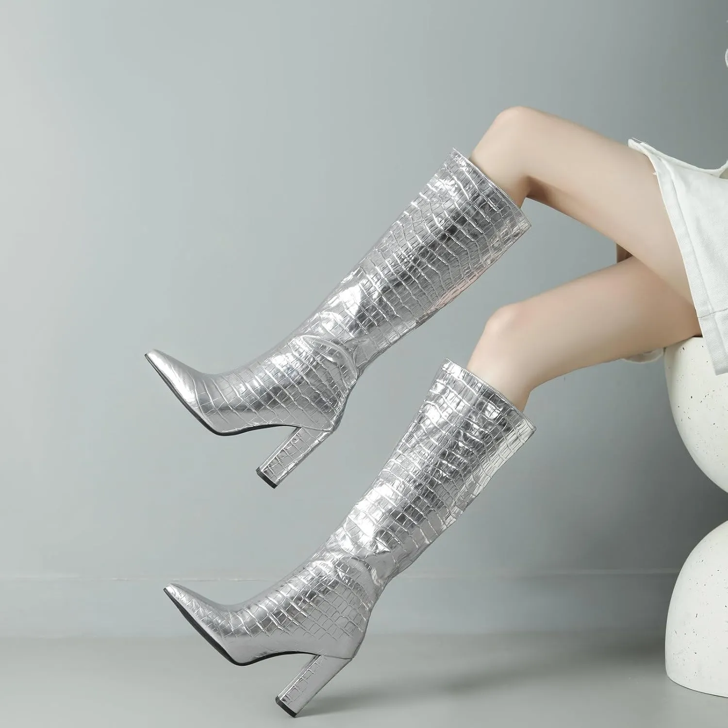 Alsoloveu Women's Knee High Boots Faux Crocodile Boots Metallic Wide Calf Pointed Toe Block Heel Go Go Boots Pull On