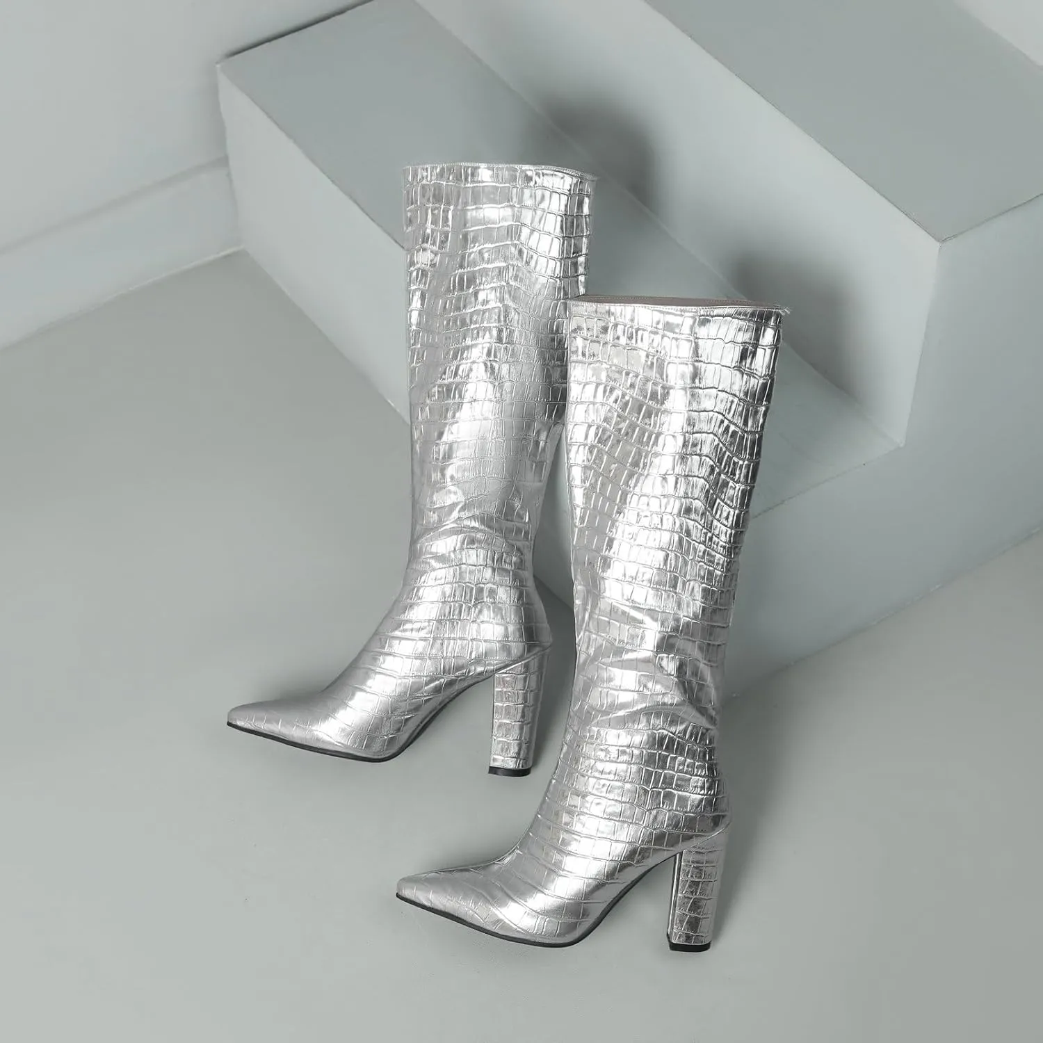 Alsoloveu Women's Knee High Boots Faux Crocodile Boots Metallic Wide Calf Pointed Toe Block Heel Go Go Boots Pull On