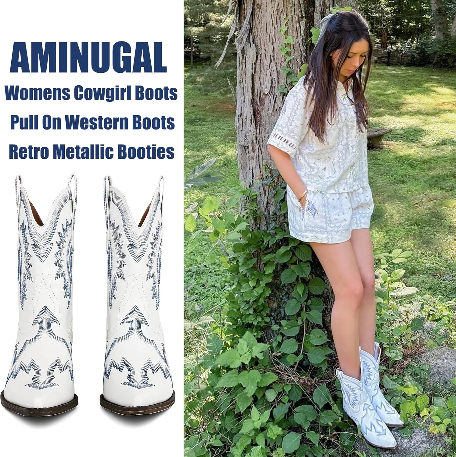 AMINUGAL Cowgirl Boots Chunky Heel Cowboy Boots for Women Pointed Toe Pull On Western Boots Women's Ankle Boots Country Concert Fashion Retro Metallic Booties