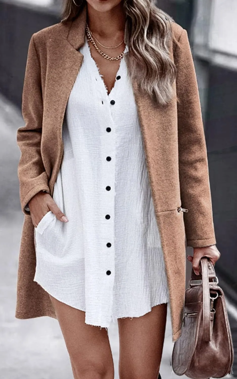 Angashion Women’s Coat, Long Sleeve Stand Collar Cardigan Mid-Long Open Front Outwear Overcoat with Zipper Pockets