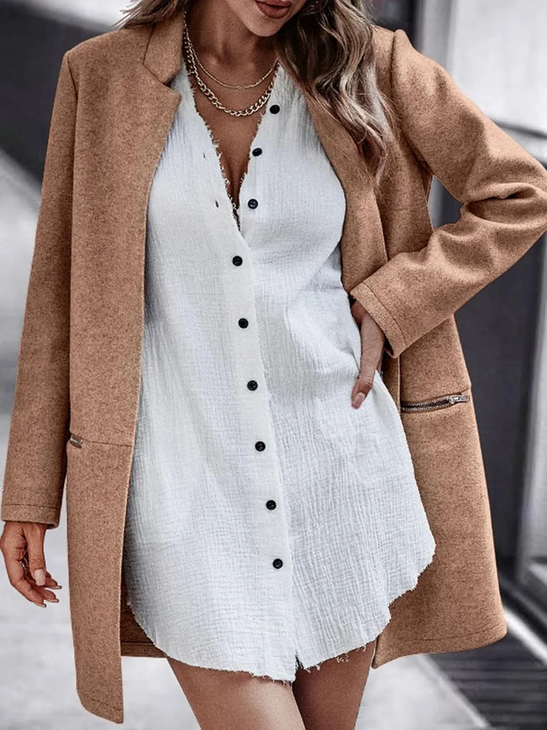 Angashion Women’s Coat, Long Sleeve Stand Collar Cardigan Mid-Long Open Front Outwear Overcoat with Zipper Pockets