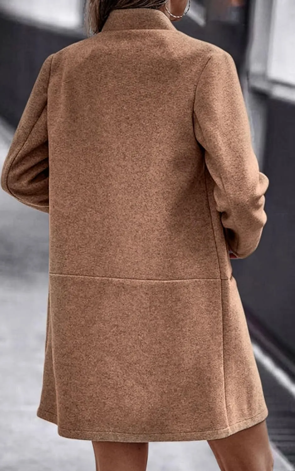 Angashion Women’s Coat, Long Sleeve Stand Collar Cardigan Mid-Long Open Front Outwear Overcoat with Zipper Pockets