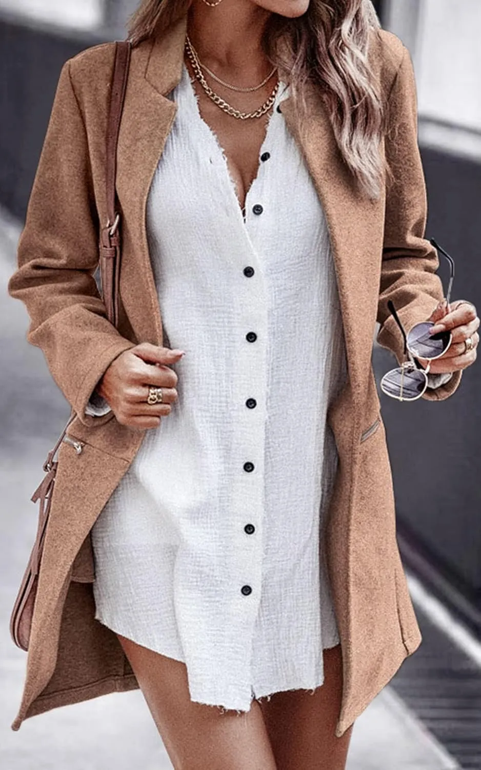 Angashion Women’s Coat, Long Sleeve Stand Collar Cardigan Mid-Long Open Front Outwear Overcoat with Zipper Pockets