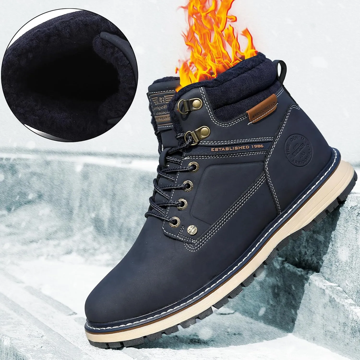 ARRIGO BELLO Mens Winter Boots Snow Casual Booties Warm Fur Mesh Lined Ankle Outdoor Lightweight Non-Slip Trekking Walking Leather Shoes