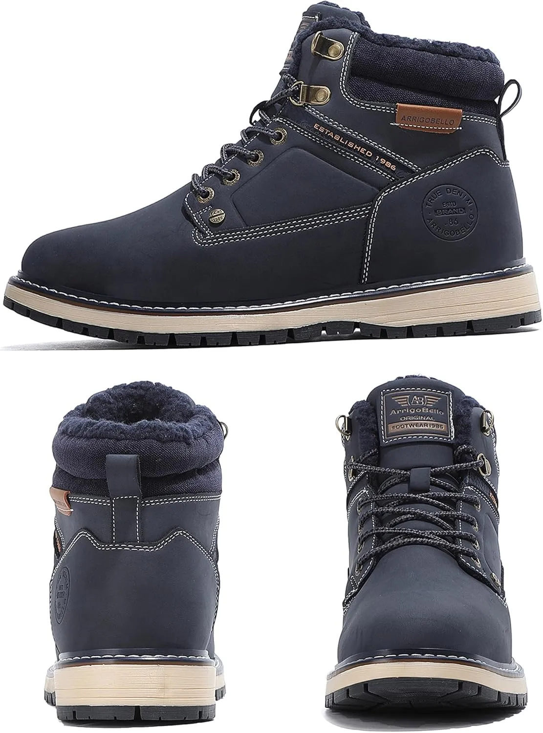 ARRIGO BELLO Mens Winter Boots Snow Casual Booties Warm Fur Mesh Lined Ankle Outdoor Lightweight Non-Slip Trekking Walking Leather Shoes