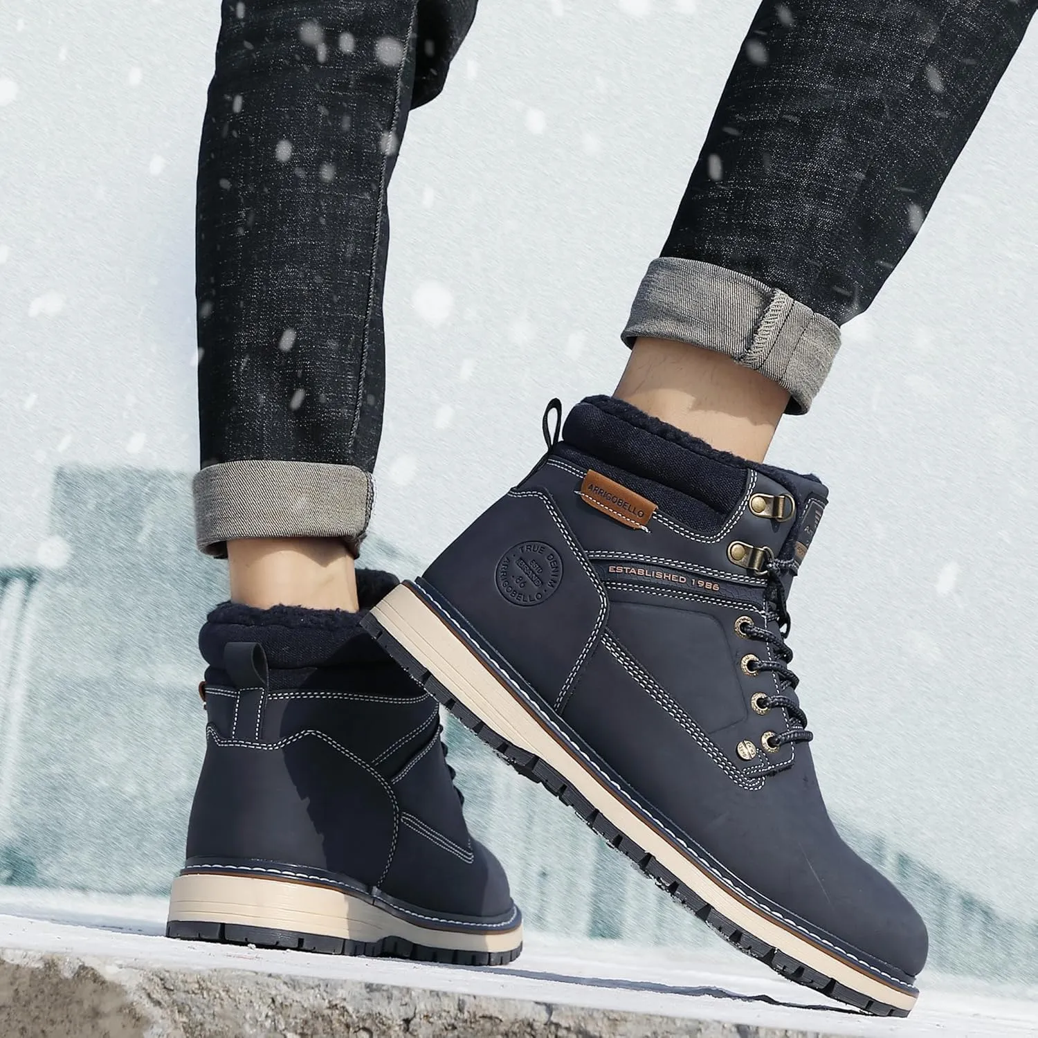 ARRIGO BELLO Mens Winter Boots Snow Casual Booties Warm Fur Mesh Lined Ankle Outdoor Lightweight Non-Slip Trekking Walking Leather Shoes