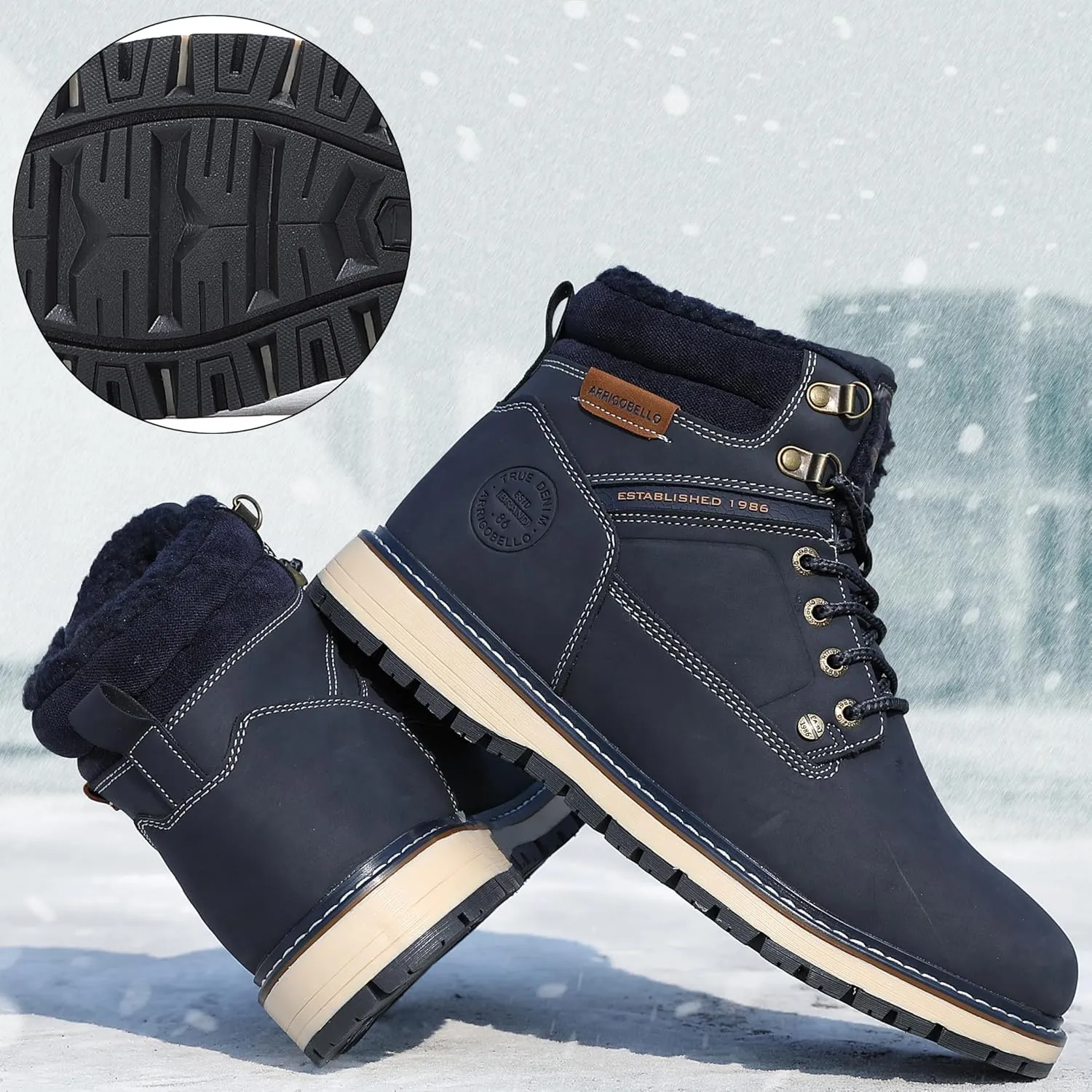 ARRIGO BELLO Mens Winter Boots Snow Casual Booties Warm Fur Mesh Lined Ankle Outdoor Lightweight Non-Slip Trekking Walking Leather Shoes