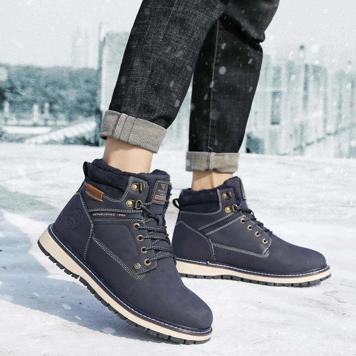 ARRIGO BELLO Mens Winter Boots Snow Casual Booties Warm Fur Mesh Lined Ankle Outdoor Lightweight Non-Slip Trekking Walking Leather Shoes