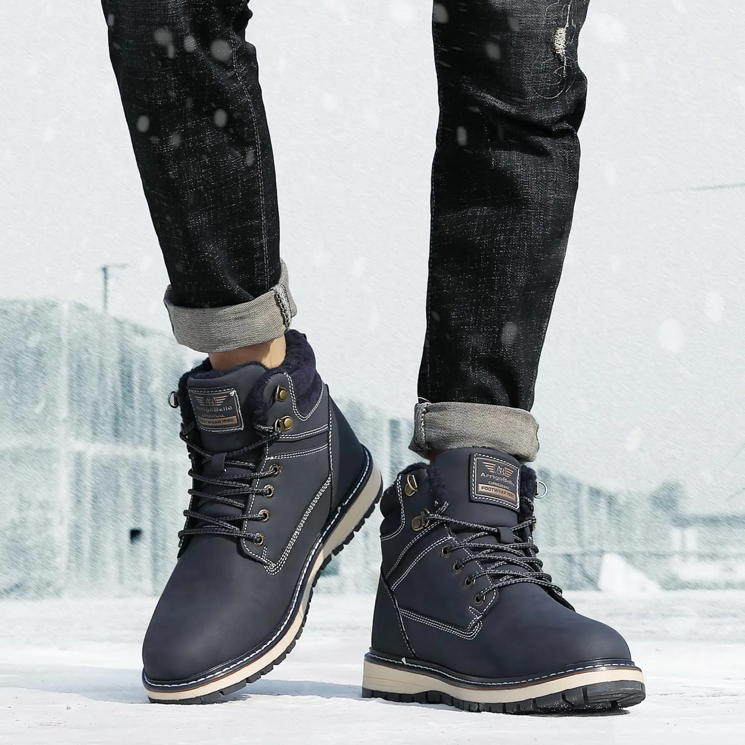 ARRIGO BELLO Mens Winter Boots Snow Casual Booties Warm Fur Mesh Lined Ankle Outdoor Lightweight Non-Slip Trekking Walking Leather Shoes