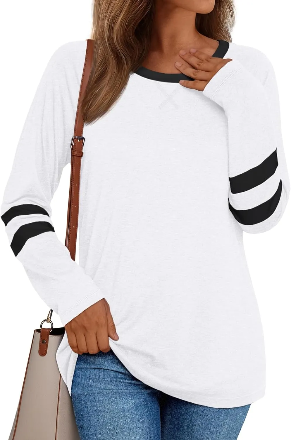 AUTOMET Womens Long Sleeve Shirts Color Block Casual Crewneck Tops Tshirt Basic Tee Fall Fashion Clothes Trendy Outfits