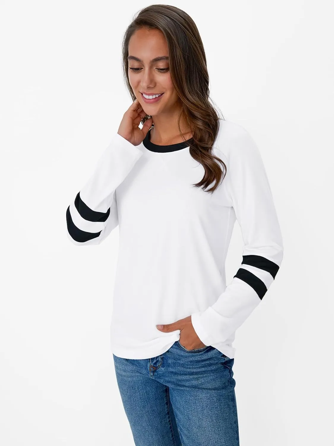 AUTOMET Womens Long Sleeve Shirts Color Block Casual Crewneck Tops Tshirt Basic Tee Fall Fashion Clothes Trendy Outfits