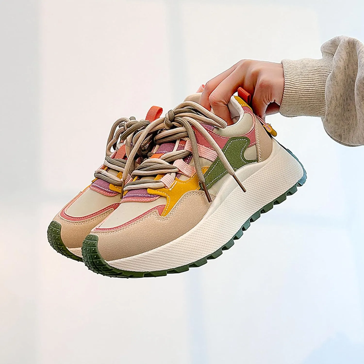 Autumn Women's Fashion Sneakers - Lightweight Casual Platform Trainers with Chunky Heel, Height Increase and Thick Sole - Lace-Up Running Shoes,Green-39