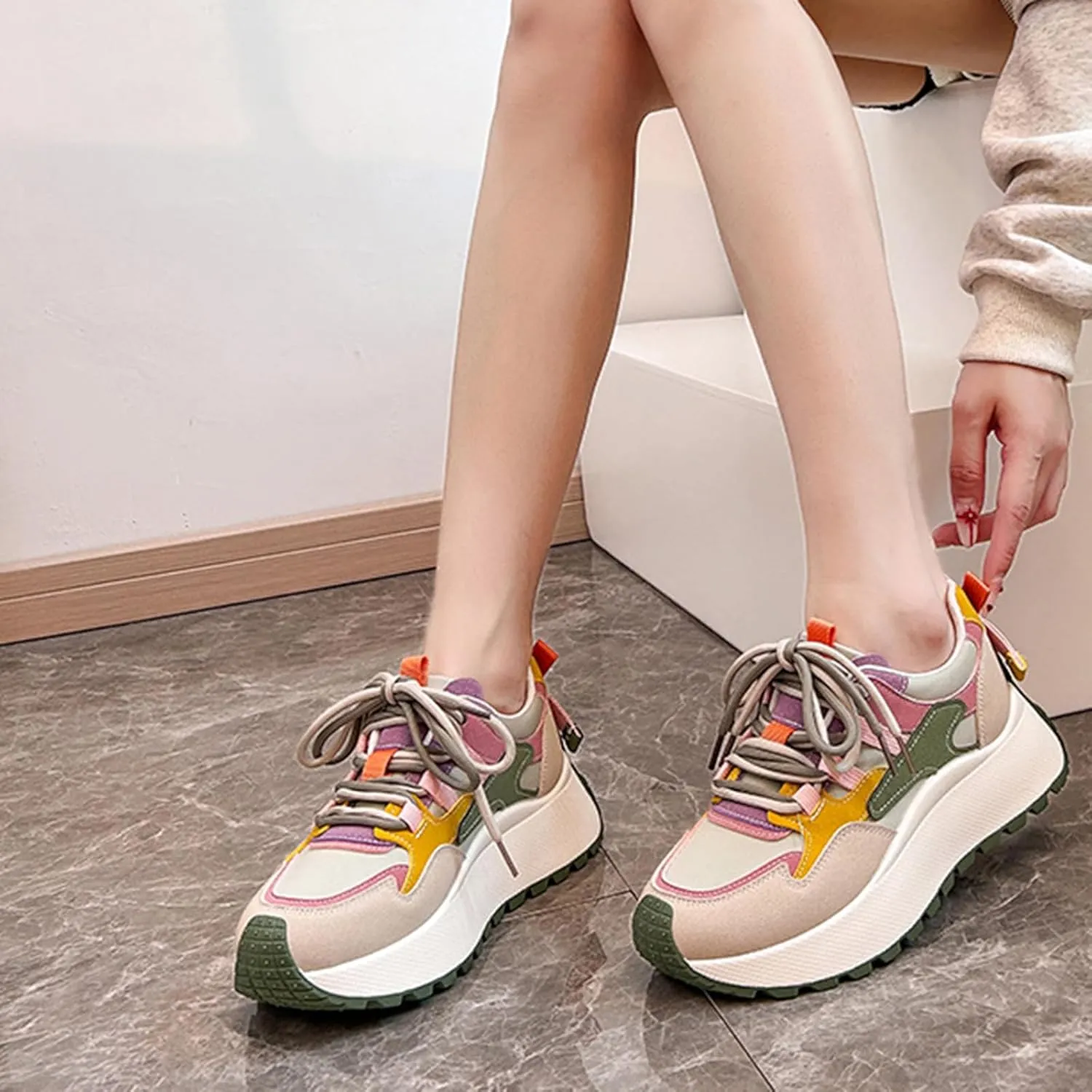 Autumn Women's Fashion Sneakers - Lightweight Casual Platform Trainers with Chunky Heel, Height Increase and Thick Sole - Lace-Up Running Shoes,Green-39