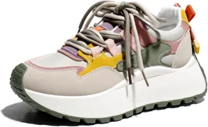 Autumn Women's Fashion Sneakers - Lightweight Casual Platform Trainers with Chunky Heel, Height Increase and Thick Sole - Lace-Up Running Shoes,Green-39