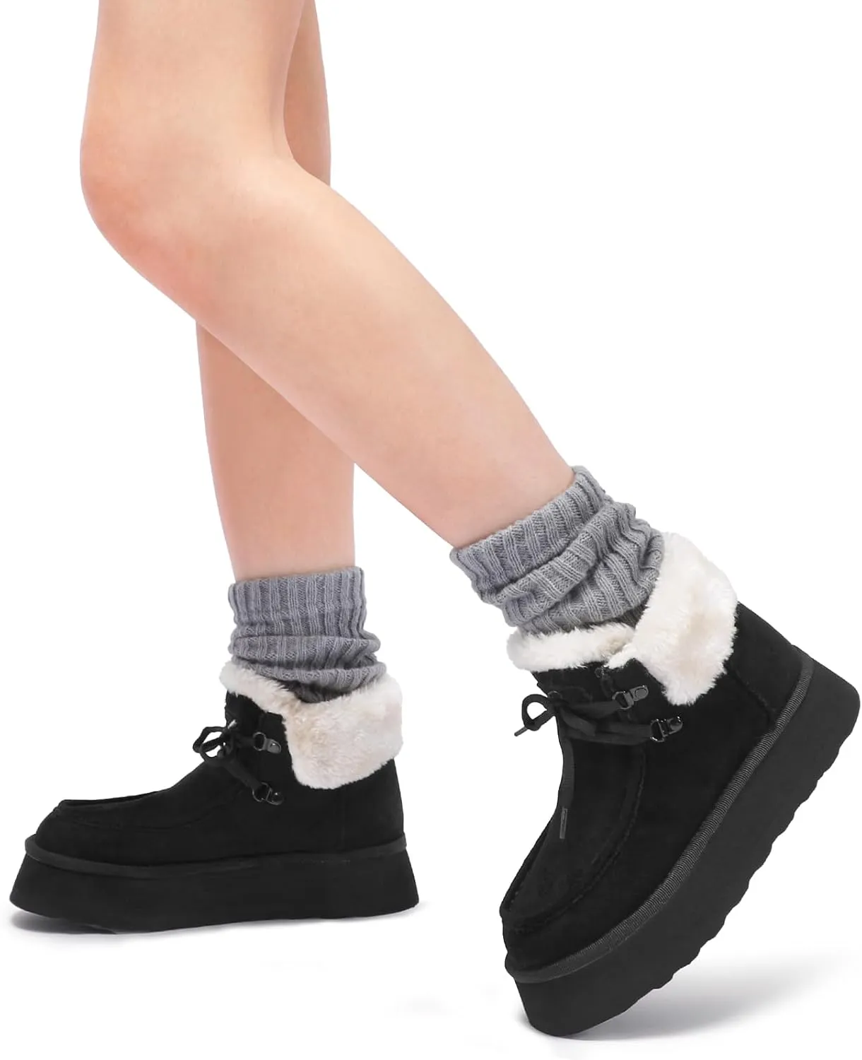 Bacia Platform Boots for Women Suede Snow Boots Lace up with Fur Interior Non-slip Outdoor Winter Boots Classic Mini Boots