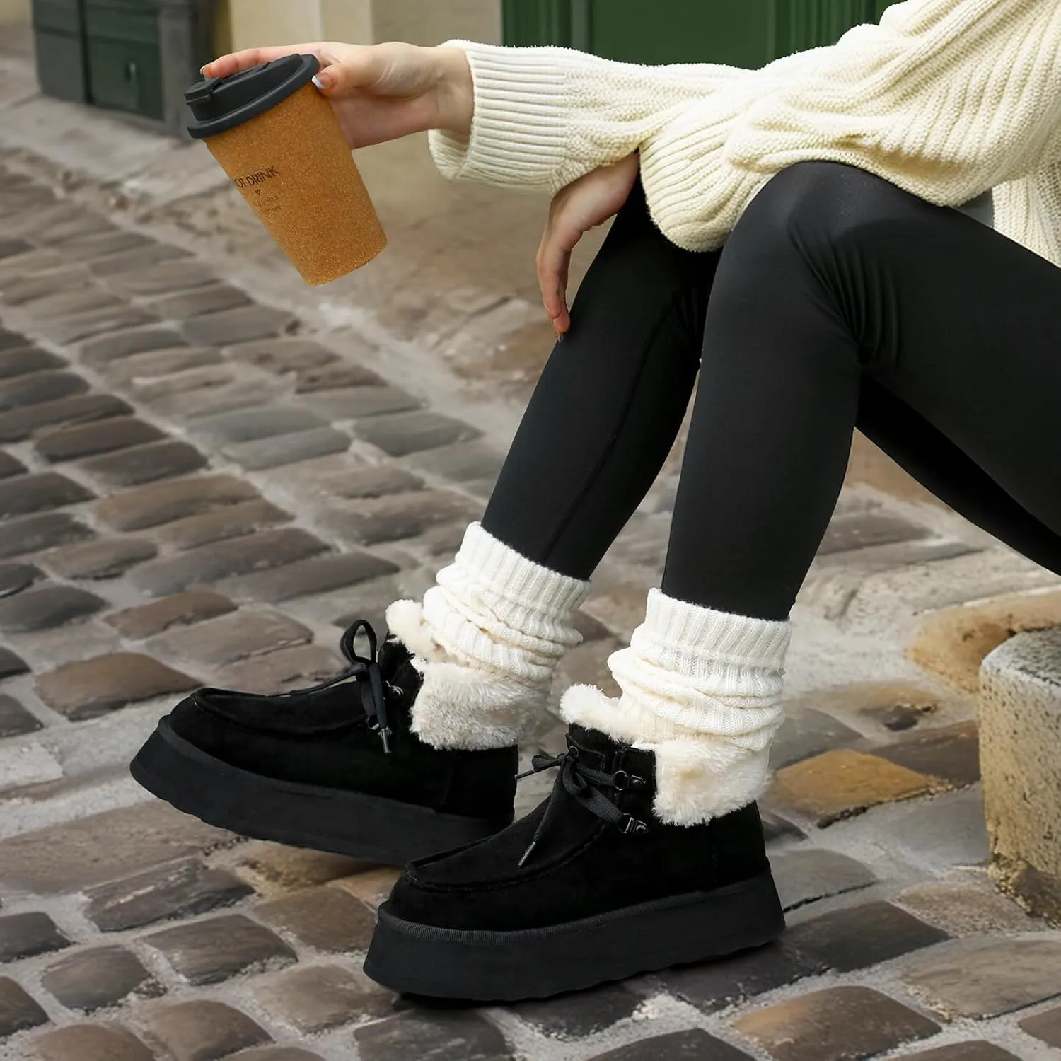 Bacia Platform Boots for Women Suede Snow Boots Lace up with Fur Interior Non-slip Outdoor Winter Boots Classic Mini Boots