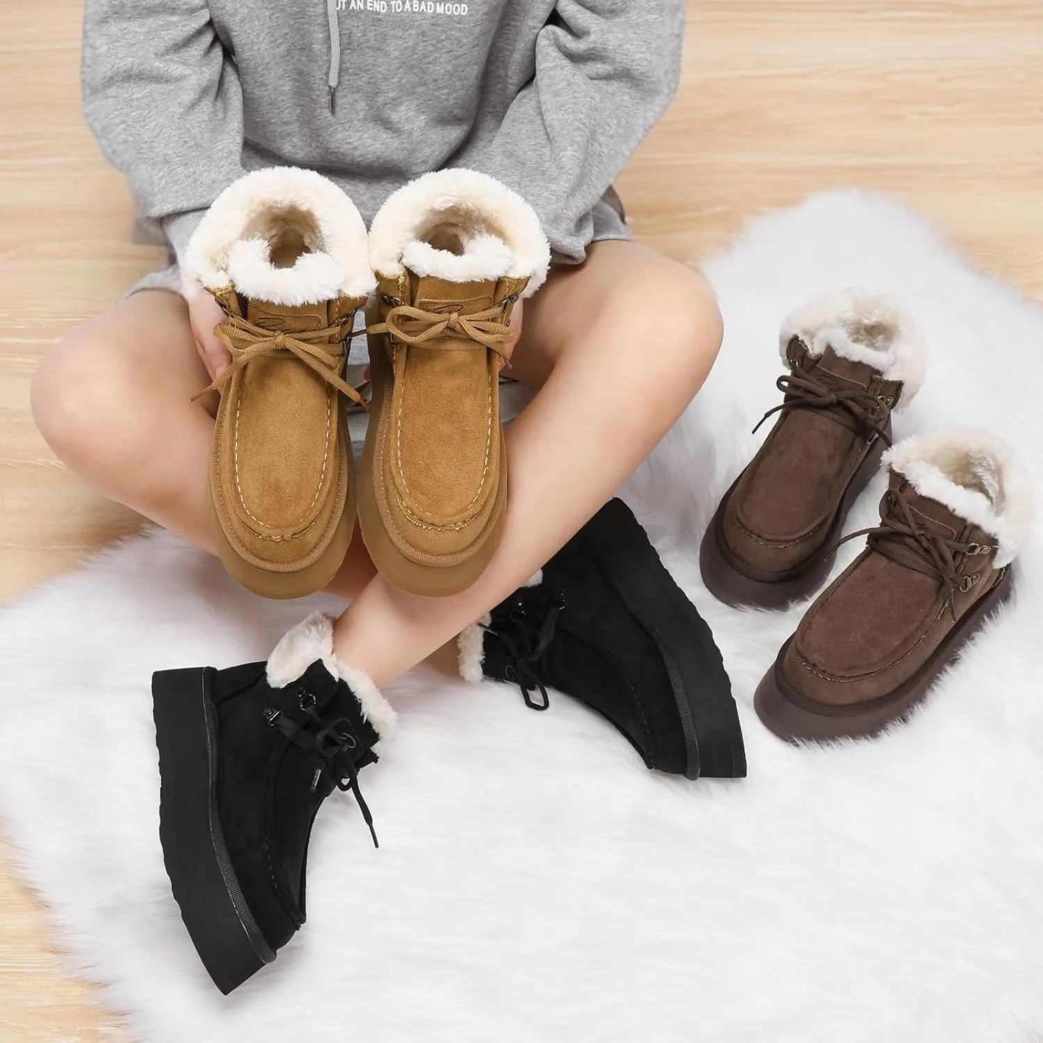 Bacia Platform Boots for Women Suede Snow Boots Lace up with Fur Interior Non-slip Outdoor Winter Boots Classic Mini Boots